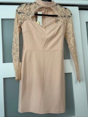 Parisian Collection Lace-Sleeve High Neck Bodycon Dress in Nude